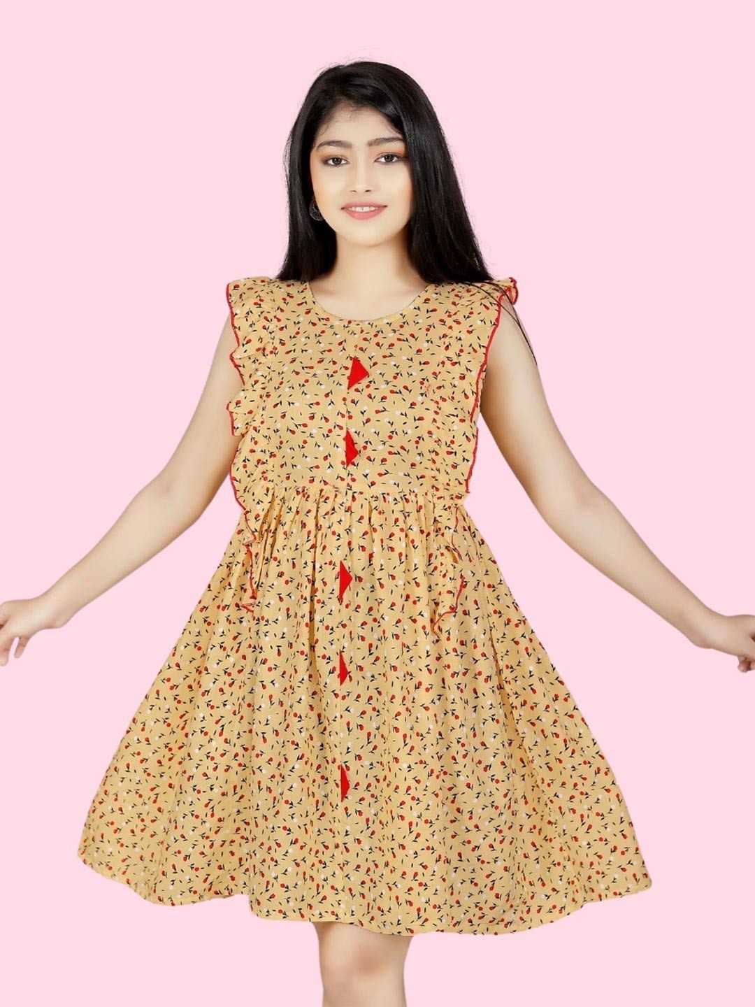 

BAESD Girls Floral Printed Ruffled A-Line Dress, Cream