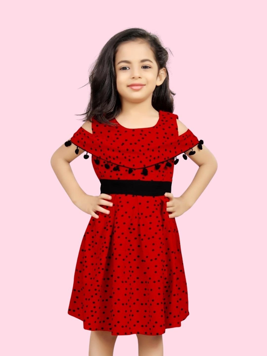 

BAESD Polka Dot Printed Cold Shoulder Sleeves Ruffled Fit & Flare Dress, Red