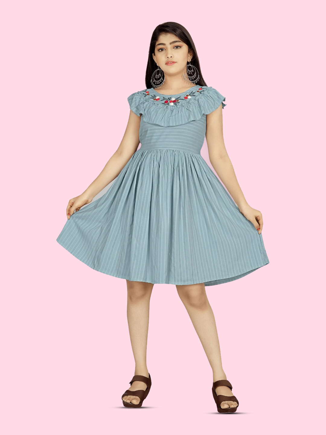 

BAESD Girls Striped Flutter Sleeves Fit & Flare Dress, Blue
