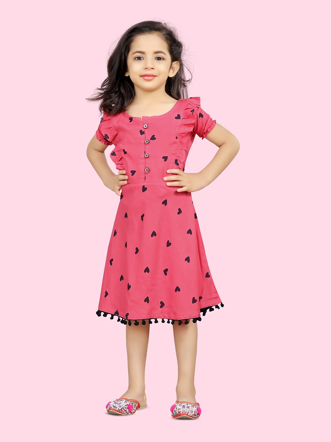 

BAESD Girls Conversational Printed Ruffles A-Line Dress, Pink