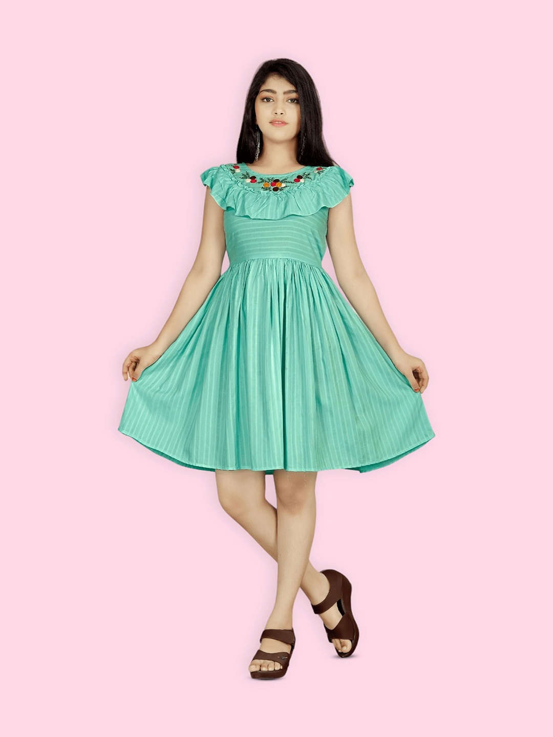 

BAESD Girls Striped Round Neck Cap Sleeve Embroidered Fit & Flare Dress, Teal