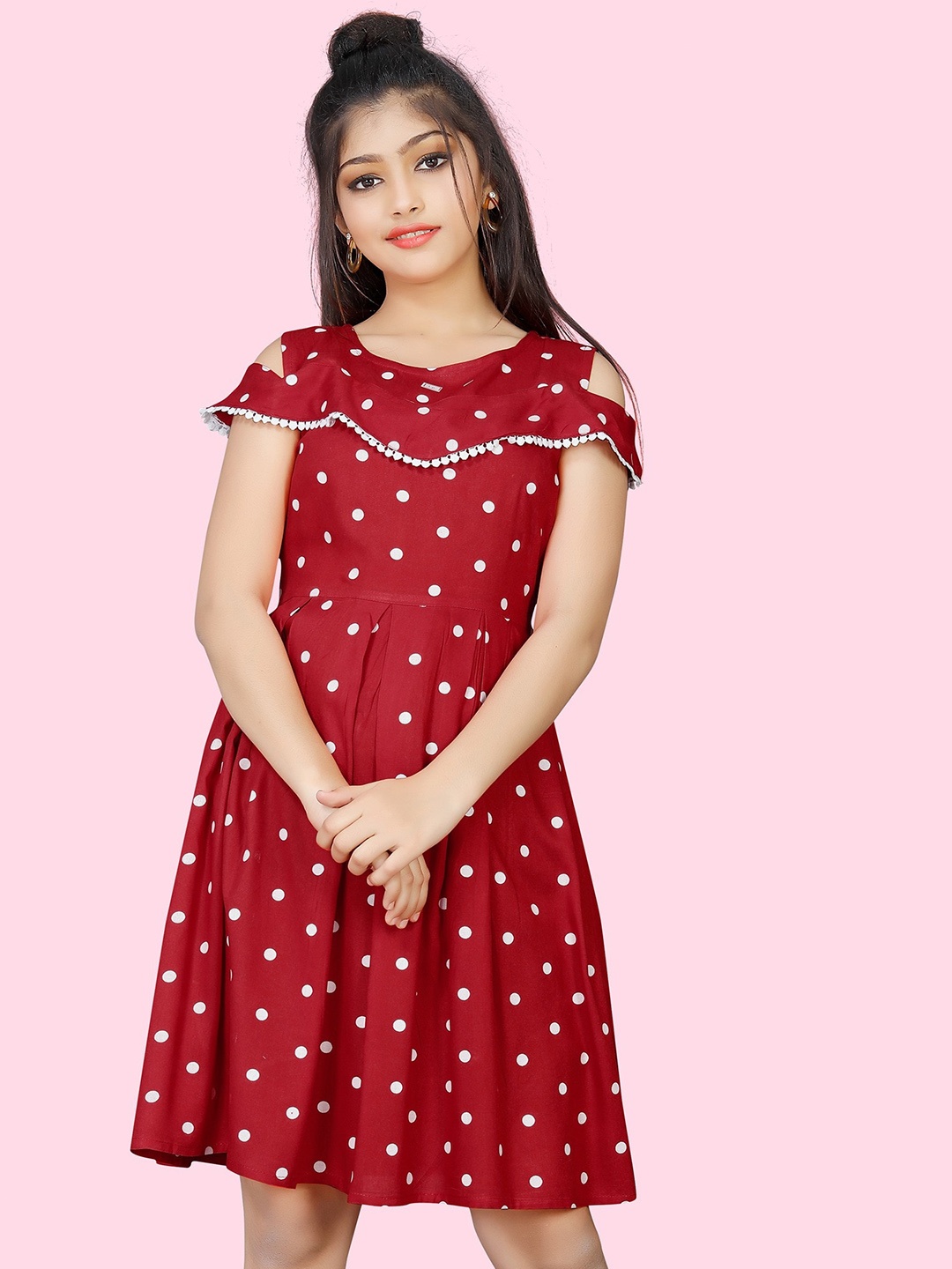 

BAESD Red Polka Dot Printed Cold-Shoulder Fit & Flare Dress