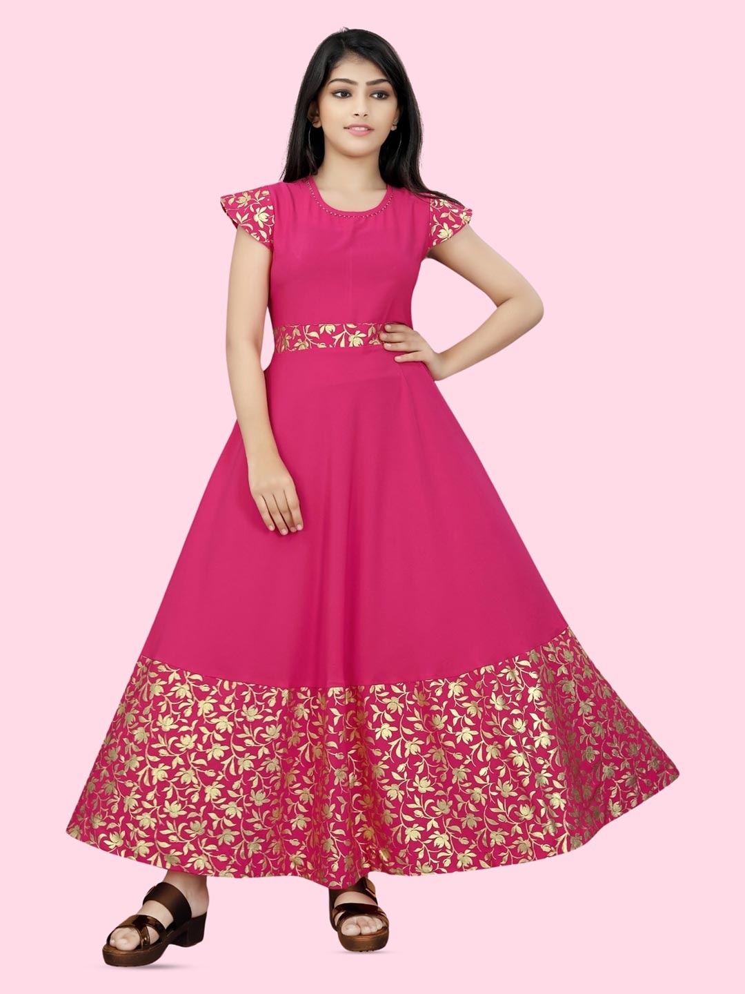 

BAESD Girls Floral Printed Cap Sleeves Maxi Dress, Pink