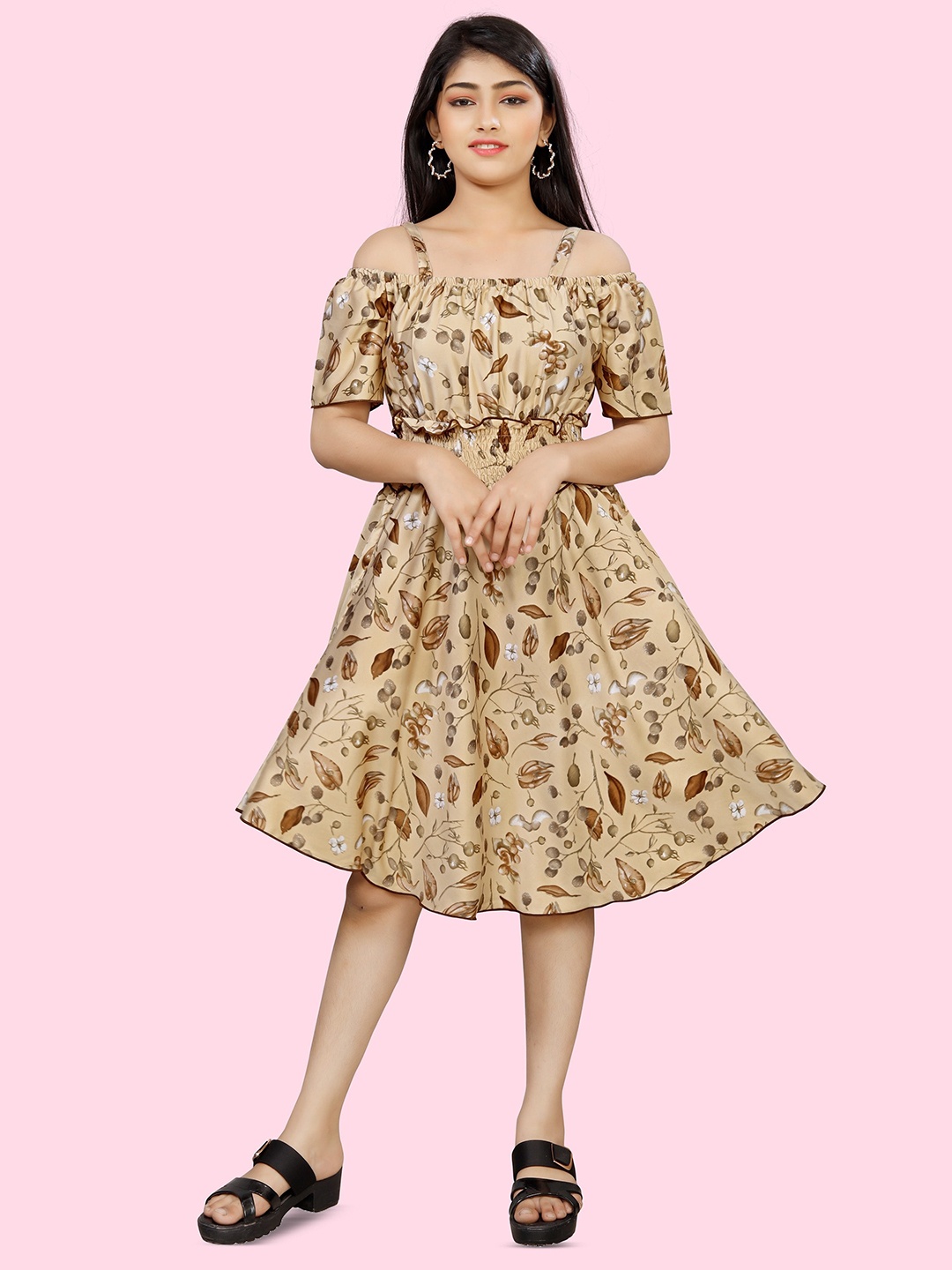 

BAESD Girls Floral Printed A Line Dress, Beige