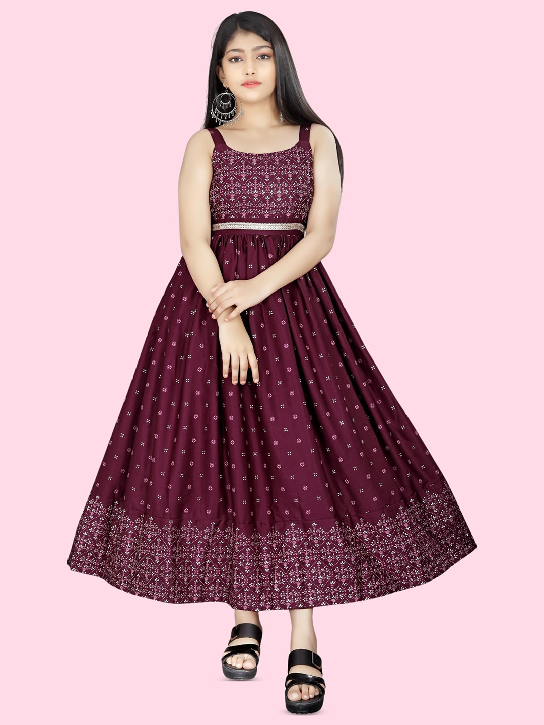 

BAESD Girls Ethnic Printed Shoulder Straps Embellished Fit & Flare Maxi Ethnic Dress, Purple