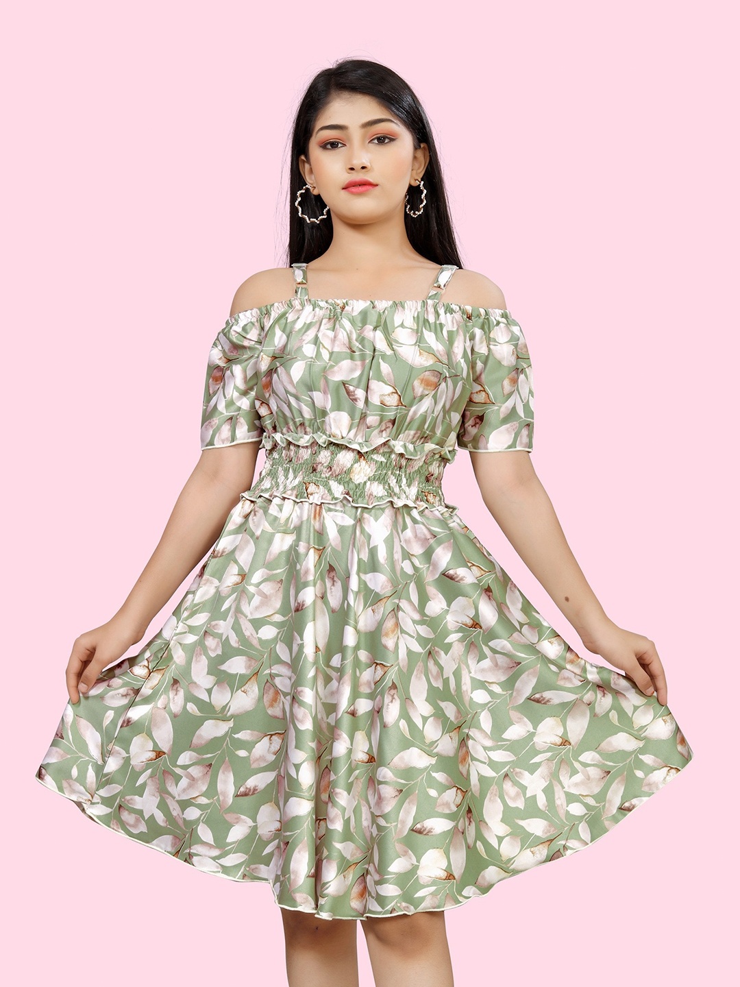 

BAESD Floral Printed Cold-Shoulder Fit & Flare Dress, Green