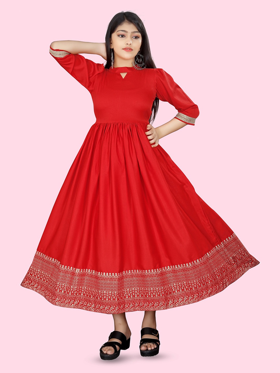 

BAESD Girls Keyhole Neck Gathered Or Pleated Fit & Flare Maxi Dress, Red