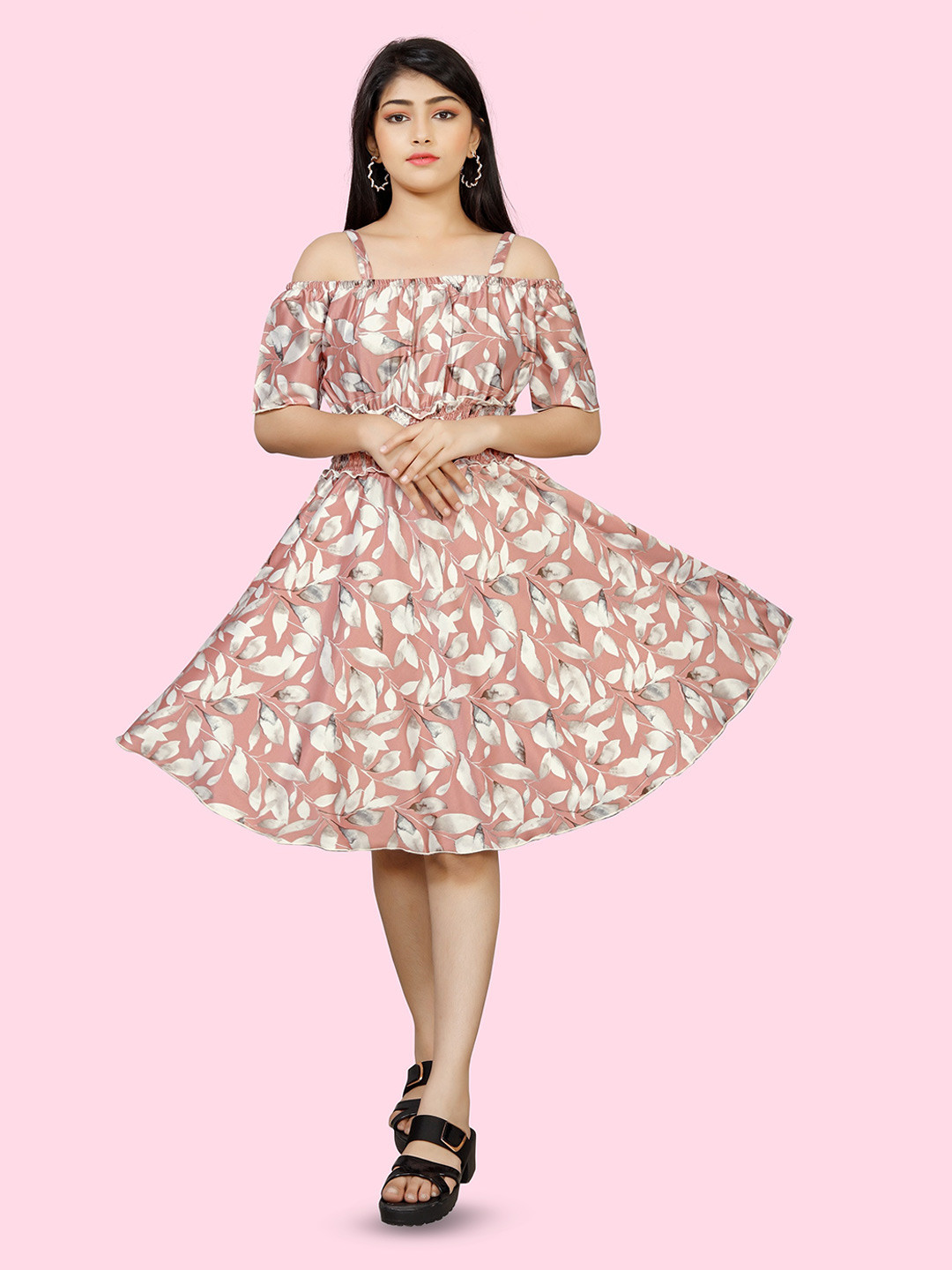 

BAESD Floral Printed Cold-Shoulder Sleeves Smocked Gathered Fit & Flare Dress, Peach