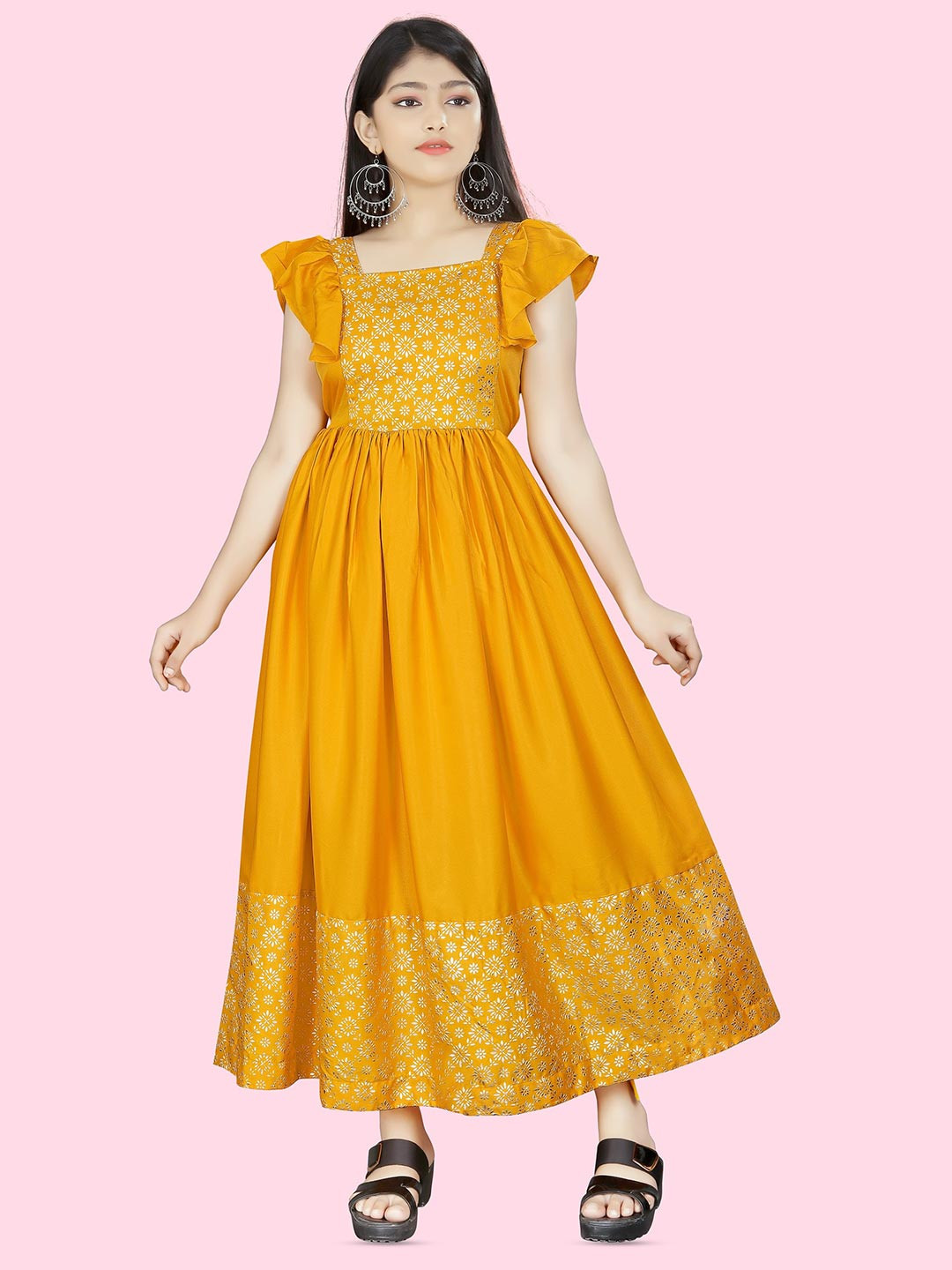 

BAESD Girls Floral Printed Square Neck Maxi Dress, Yellow
