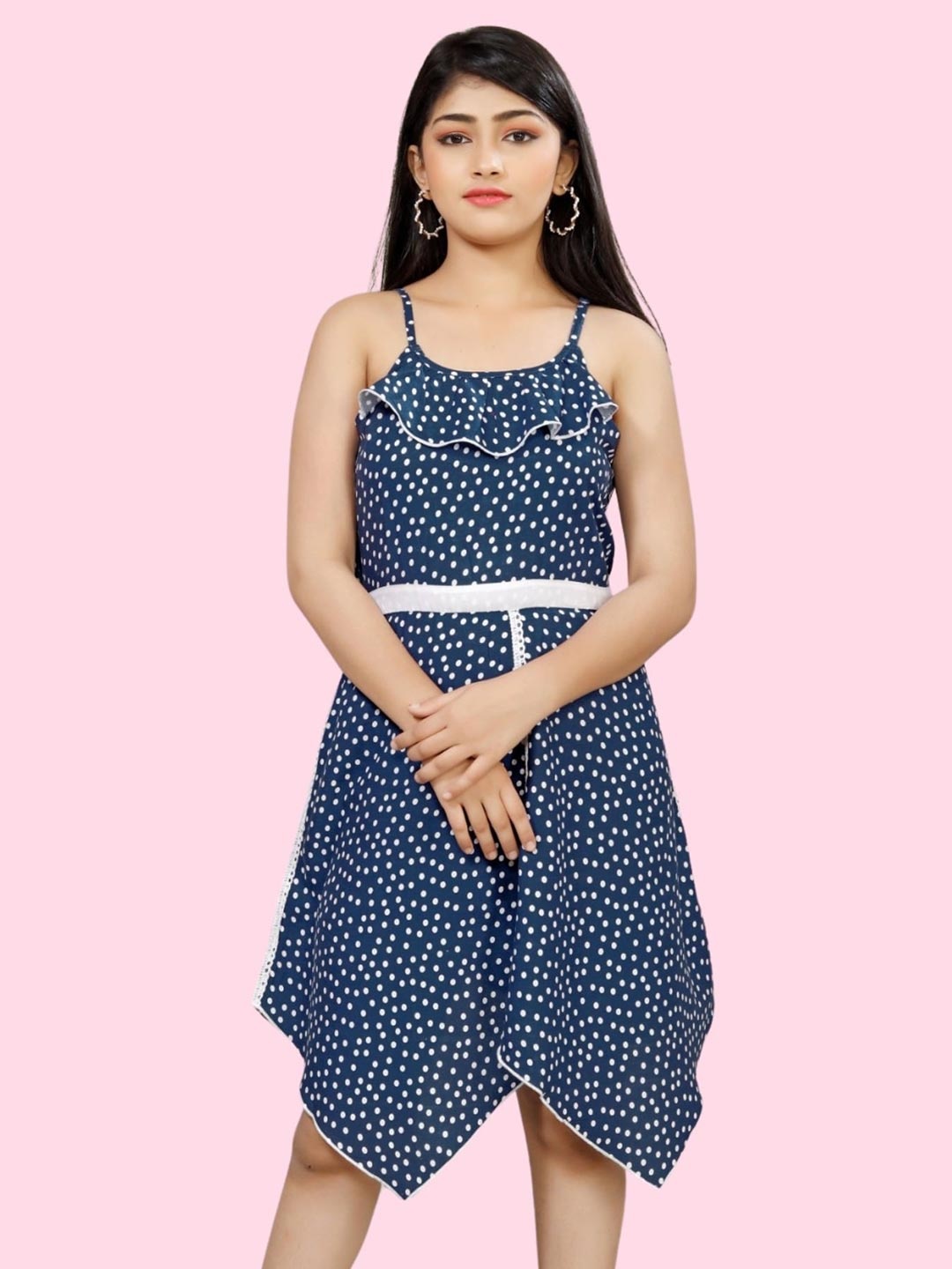

BAESD Girls Polka Dots Printed Shoulder Straps Ruffled Fit & Flare Dress, Navy blue