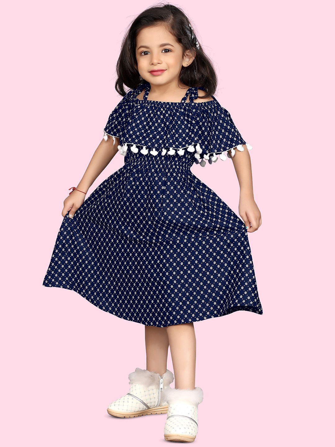 

BAESD Geometric Printed Cold-Shoulder A-Line Midi Dress, Navy blue