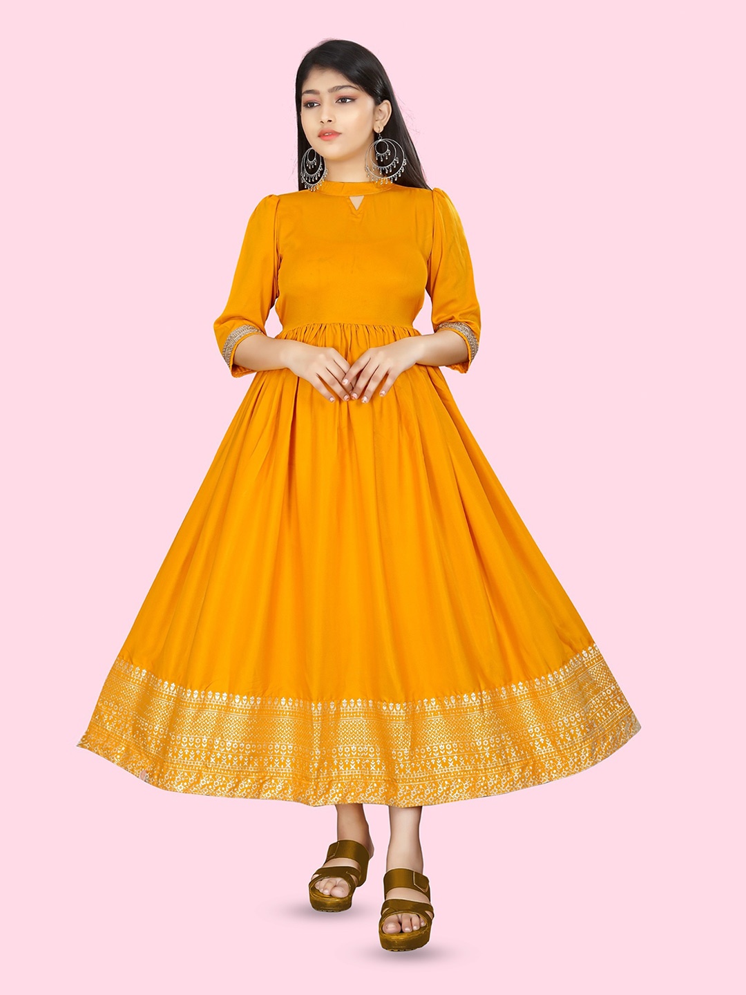 

BAESD Girls Keyhole Neck Gathered Fit & Flare Maxi Dress, Yellow
