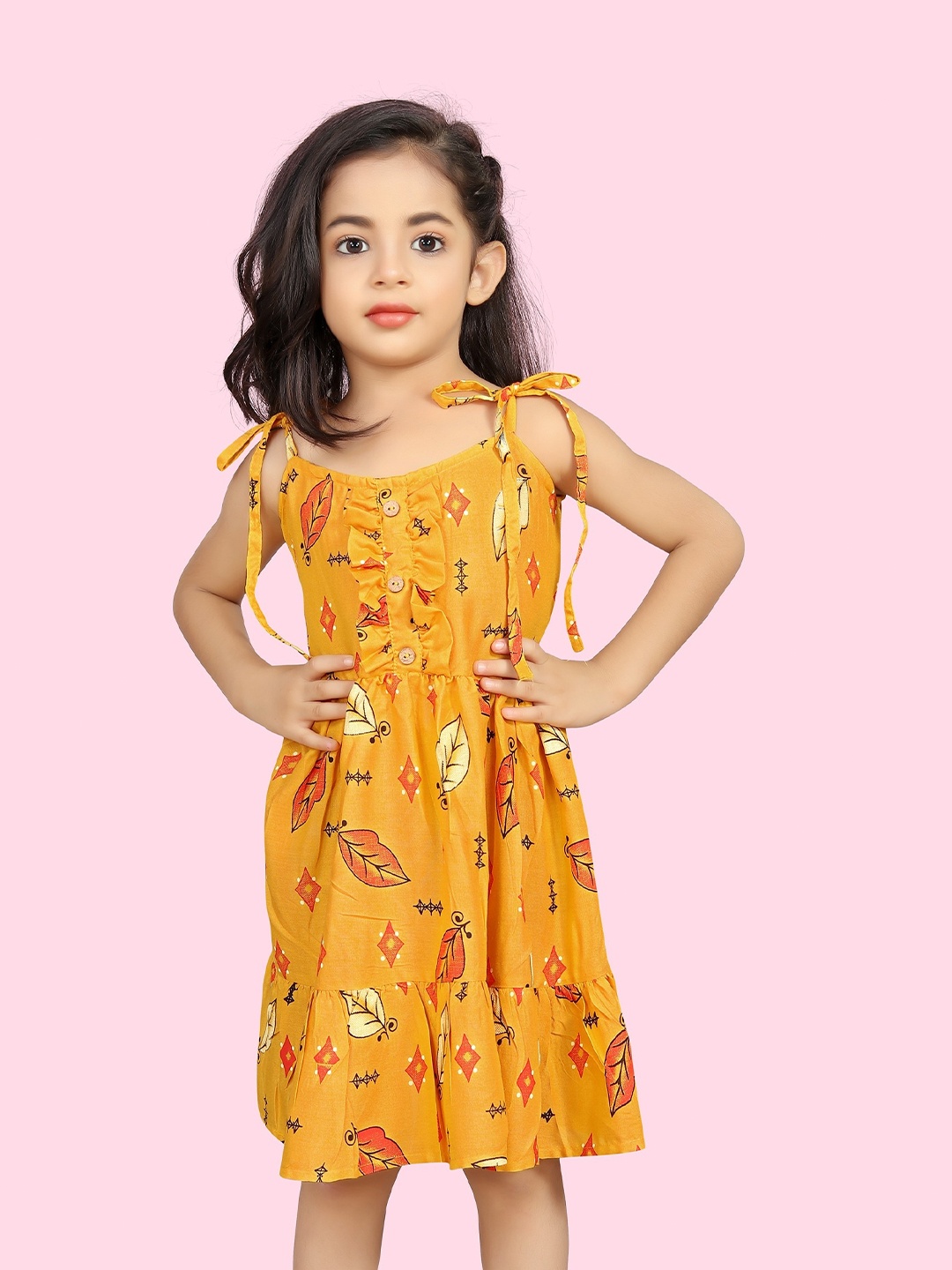 

BAESD Girls Floral Printed Shoulder Straps Fit & Flare Dress, Yellow