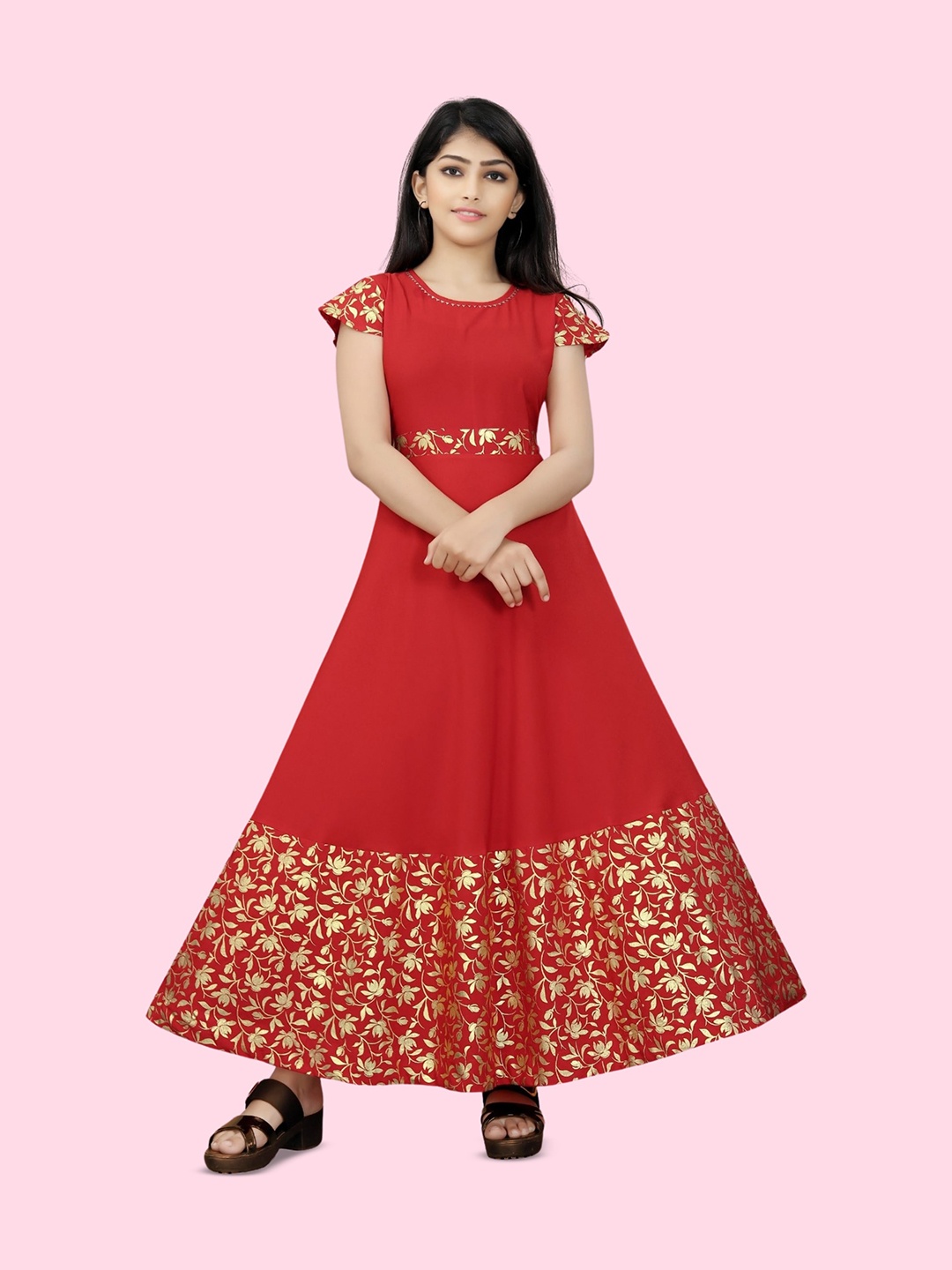 

BAESD Girls Floral Printed Round Neck Maxi Dress, Red