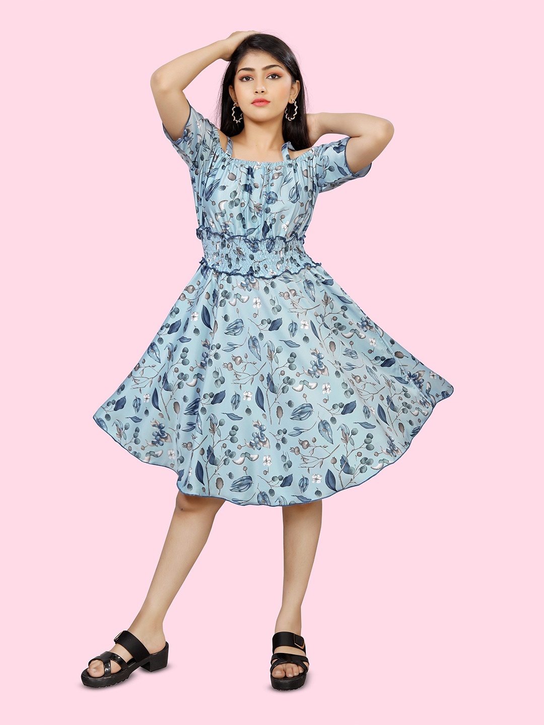 

BAESD Floral Printed Cold-Shoulder Sleeves Smocked Gathered Fit & Flare Dress, Blue