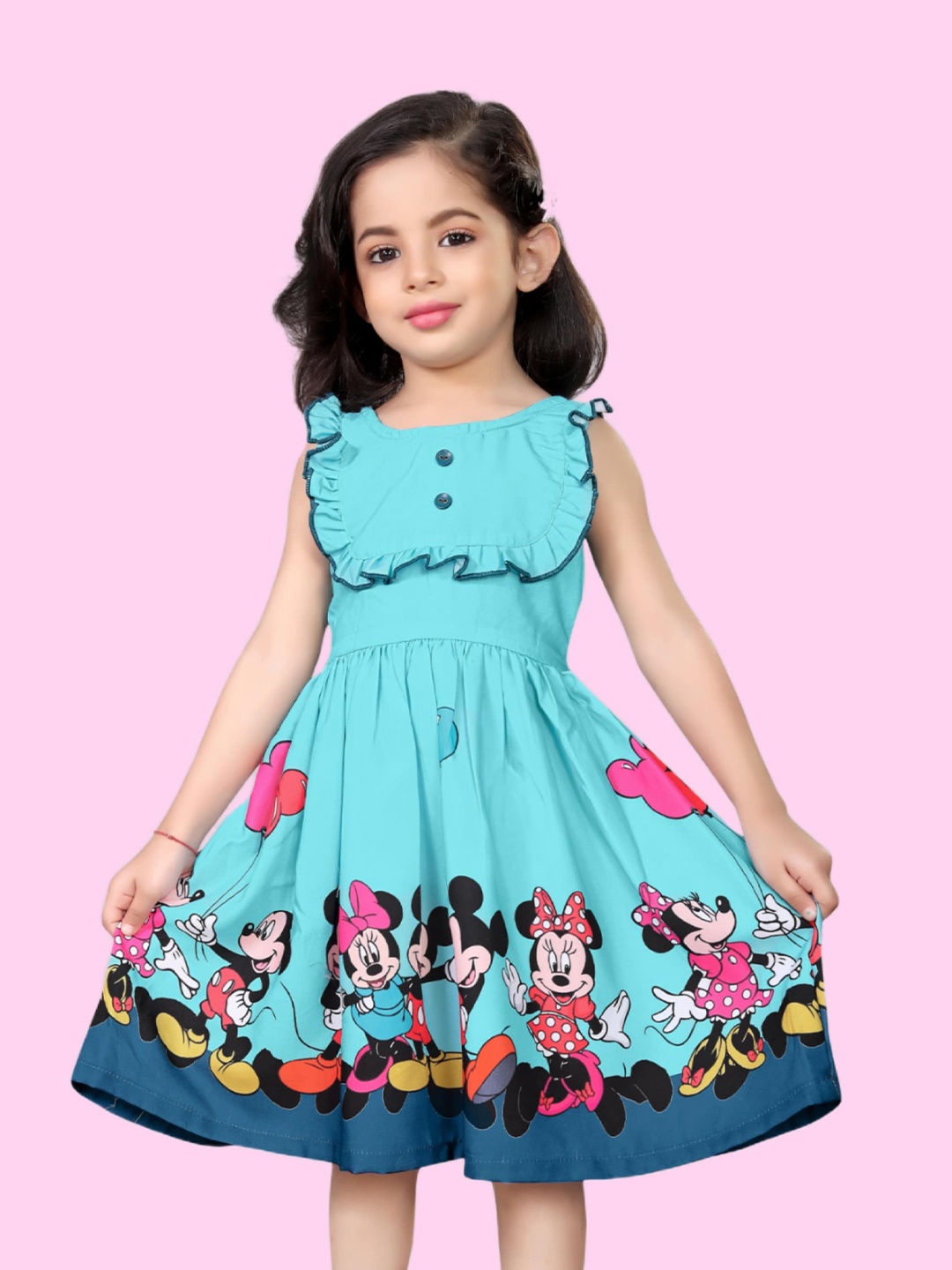 

BAESD Girls Humour and Comic Mickey & Friends Graphic Printed Ruffles Fit & Flare Dress, Blue