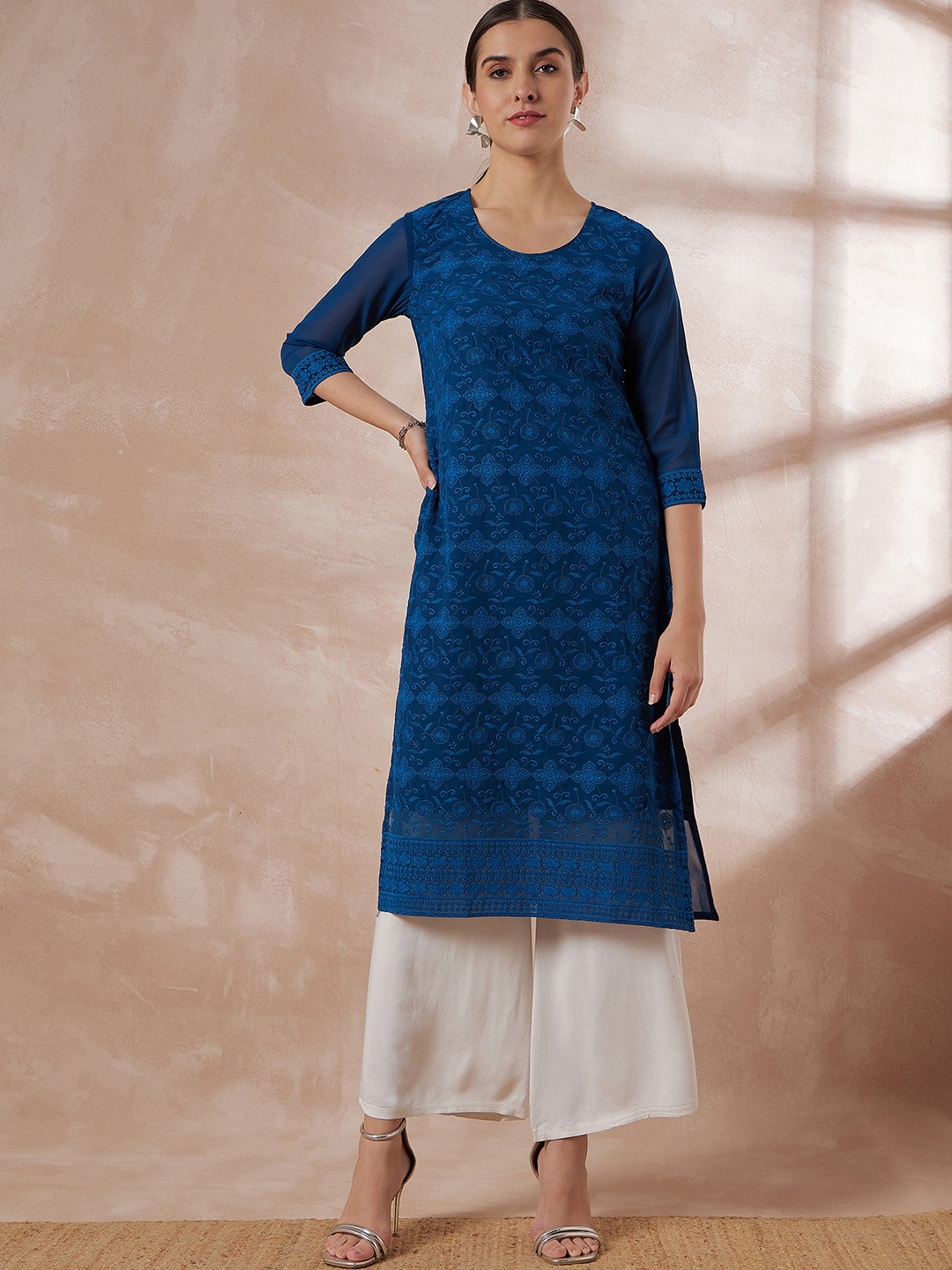 

all about you Ethnic Motifs Chikankari Embroidered Georgette Kurta, Blue