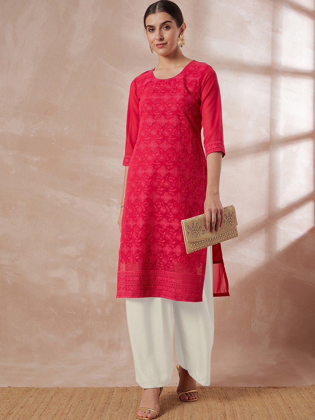

all about you Ethnic Motifs Embroidered Chikankari Georgette Kurta, Pink