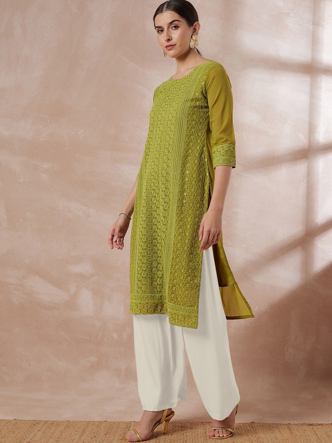 all about you Ethnic Motifs Chikankari Embroidered Georgette Kurta, Green