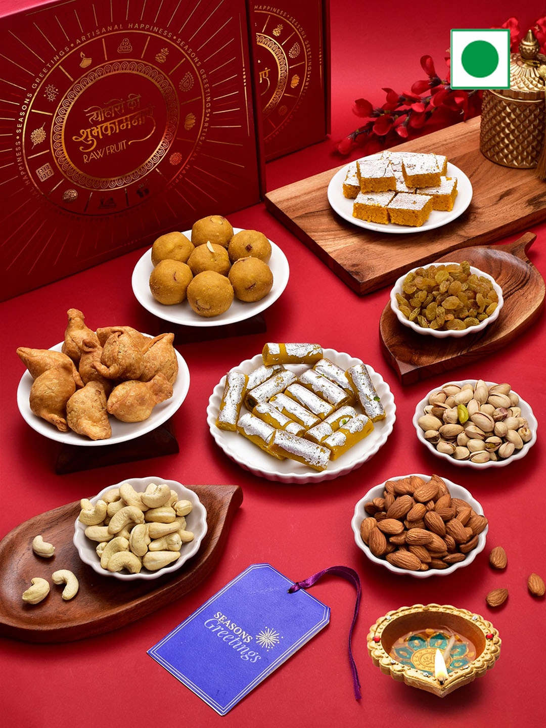 

RawFruit Set Of 8 Sweets & DryFruits Assorted Diwali Gift Pack - 1300 gms, Red