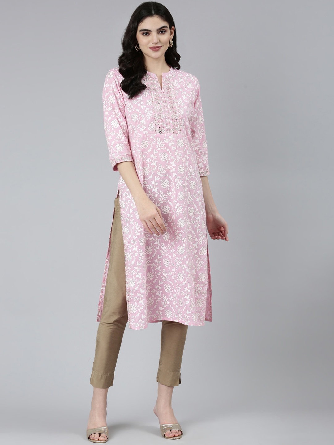 

Neerus Floral Printed Mandarin Collar Mirror Work Cotton Kurta, Pink