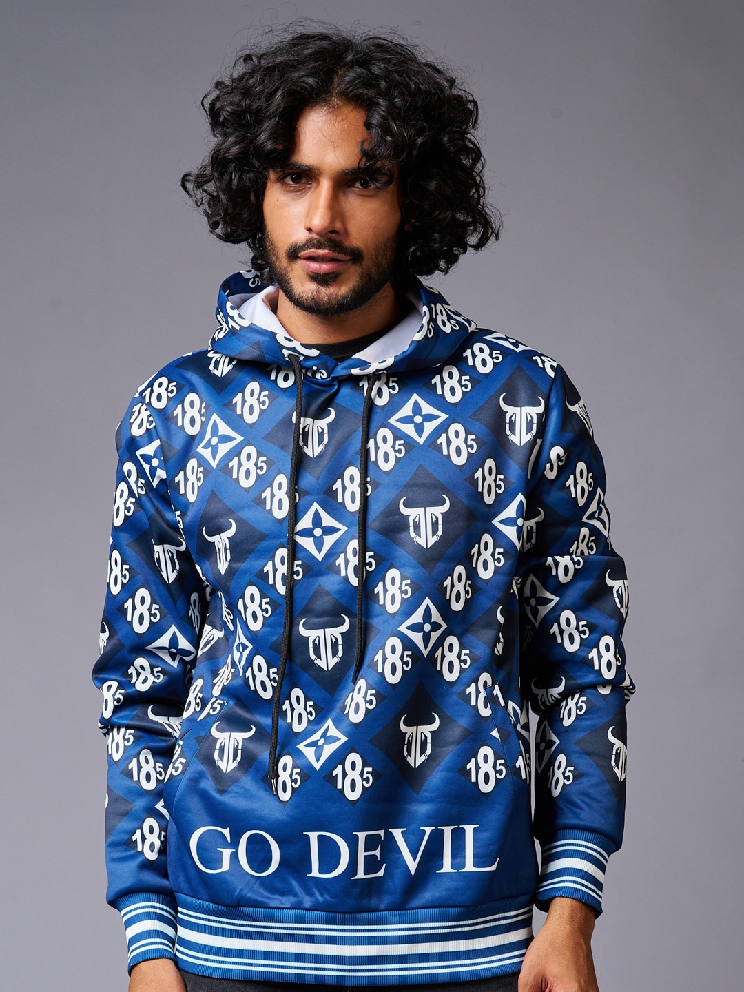 

GO DEVIL Graphic Printed Hooded Sweatshirt, Blue