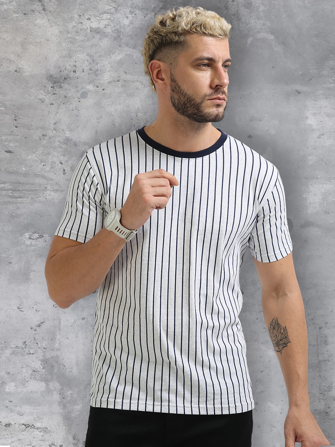 

fanideaz Vertical Striped Regular Fit Pure Cotton Casual T-shirt, Navy blue