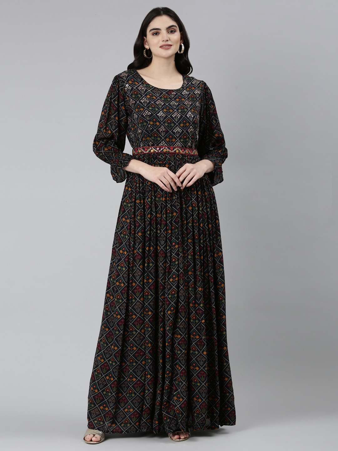 

Neerus Ethnic Motifs Printed Sequined Pleated Cotton Maxi Ethnic Dress, Navy blue