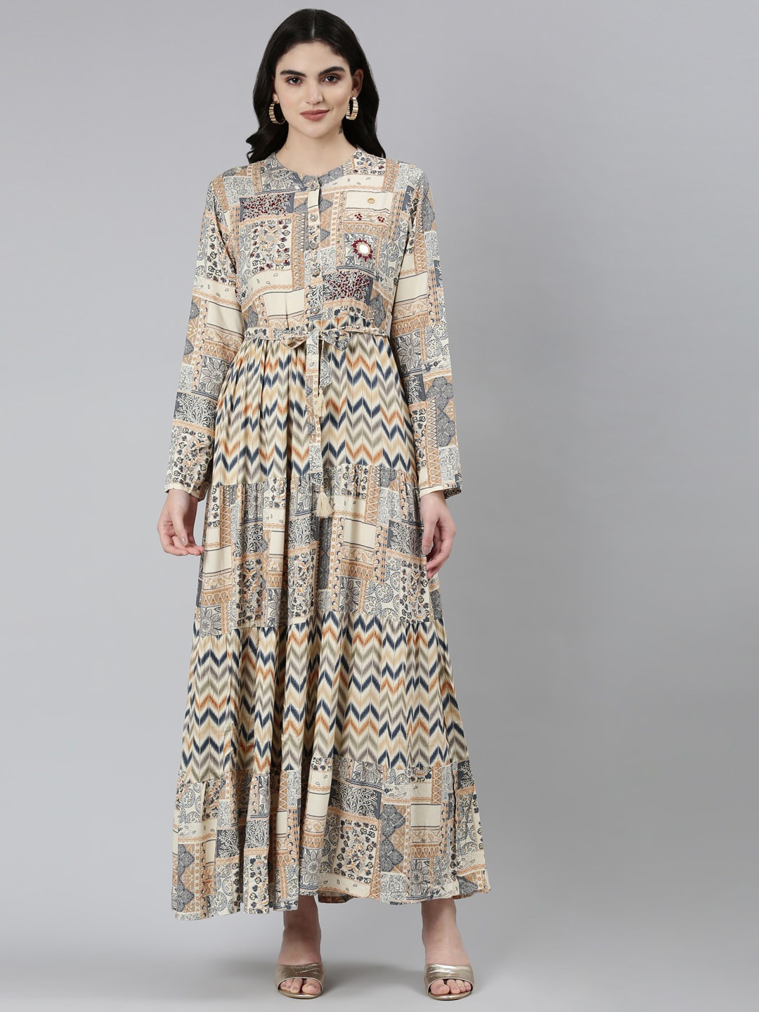 

Neerus Ethnic Motif Printed Band Collar Maxi Ethnic Dress, Cream