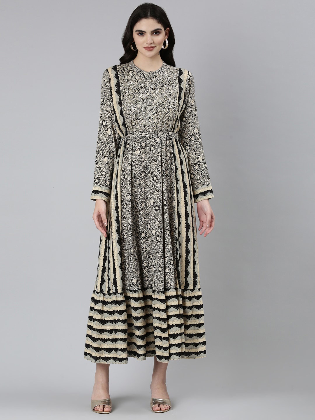 

Neerus Ethnic Motif Printed Band Collar Maxi Ethnic Dress, Grey