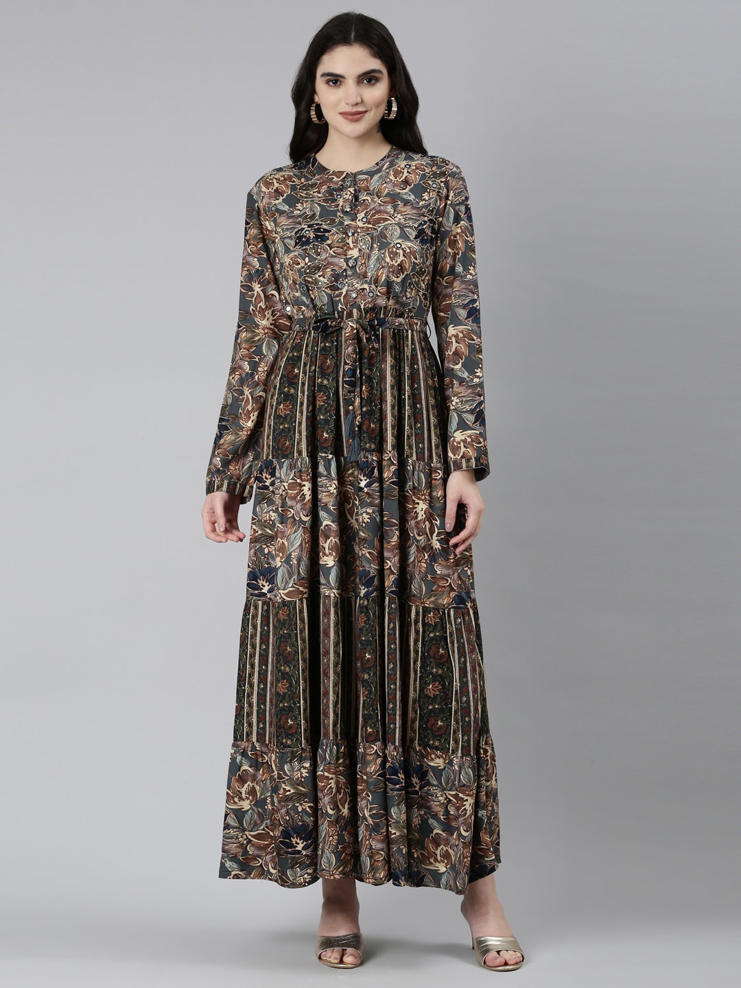 

Neerus Ethnic Motif Printed Band Collar Maxi Ethnic Dress, Olive