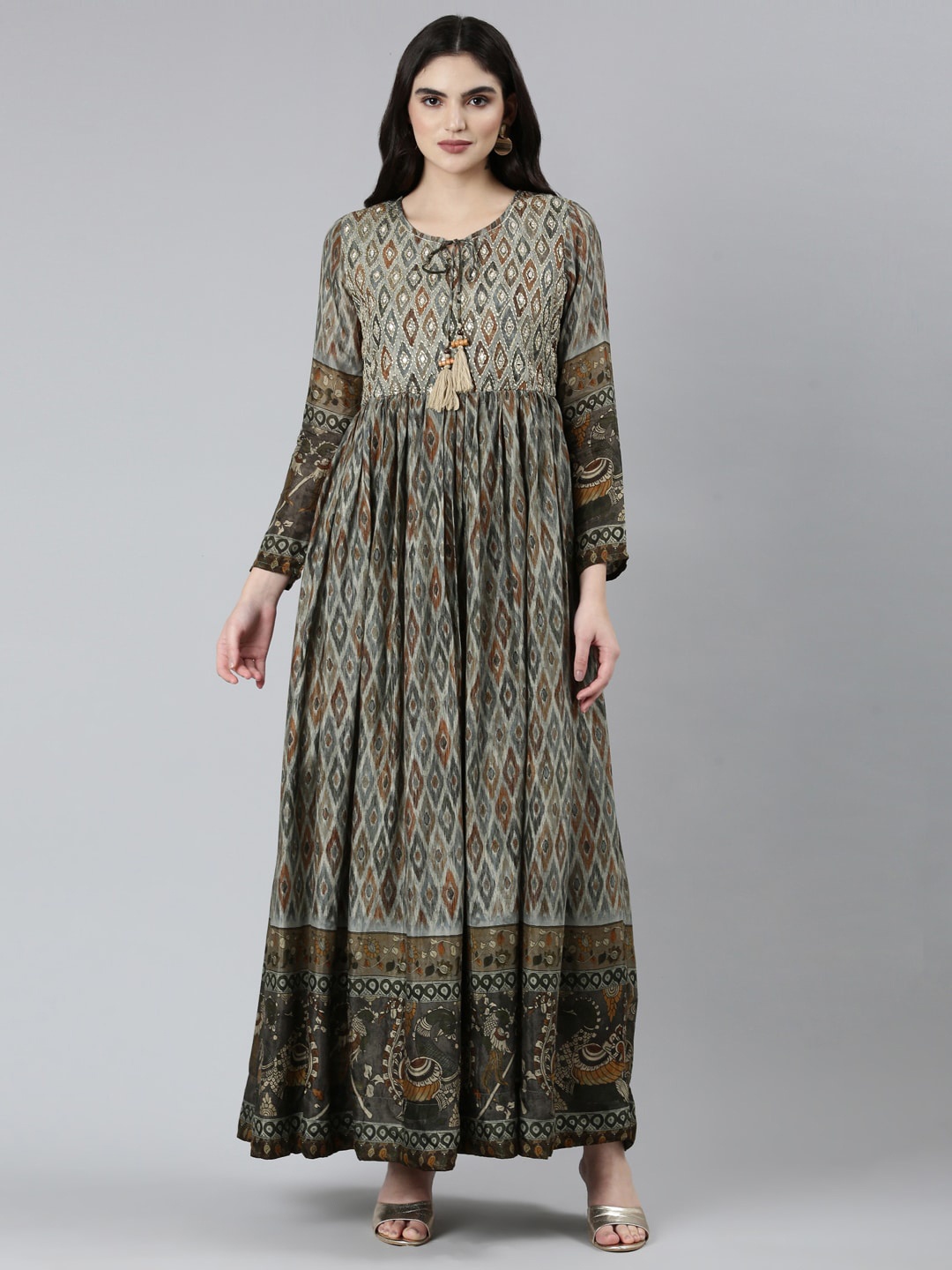 

Neerus Ethnic Motifs Printed Tie-Up Neck Cotton Gathered Maxi Ethnic Dress, Olive
