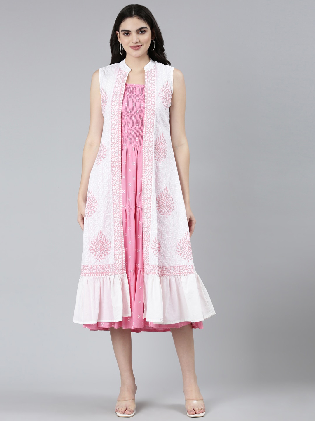 

Neerus Ethnic Motif Printed Strap Shoulder Neck midi Ethnic Dress with Overcoat, Pink