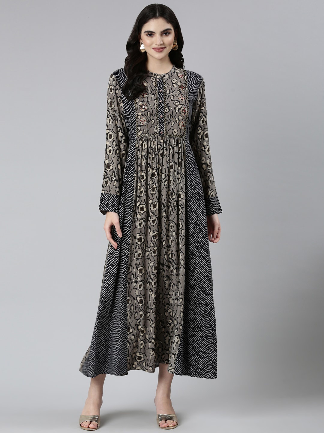 

Neerus Floral Printed Band Collar Waist ie Up Neck Maxi Dress, Grey