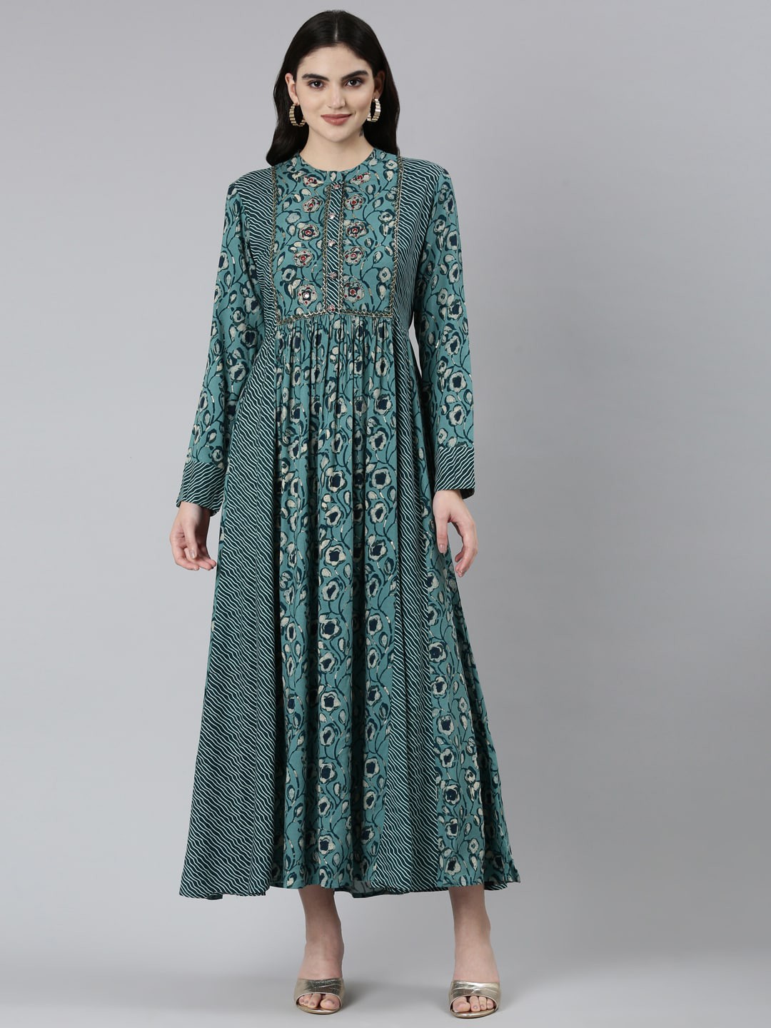 

Neerus Floral Printed Band Collar Gathered Or Pleated Maxi Dress, Green