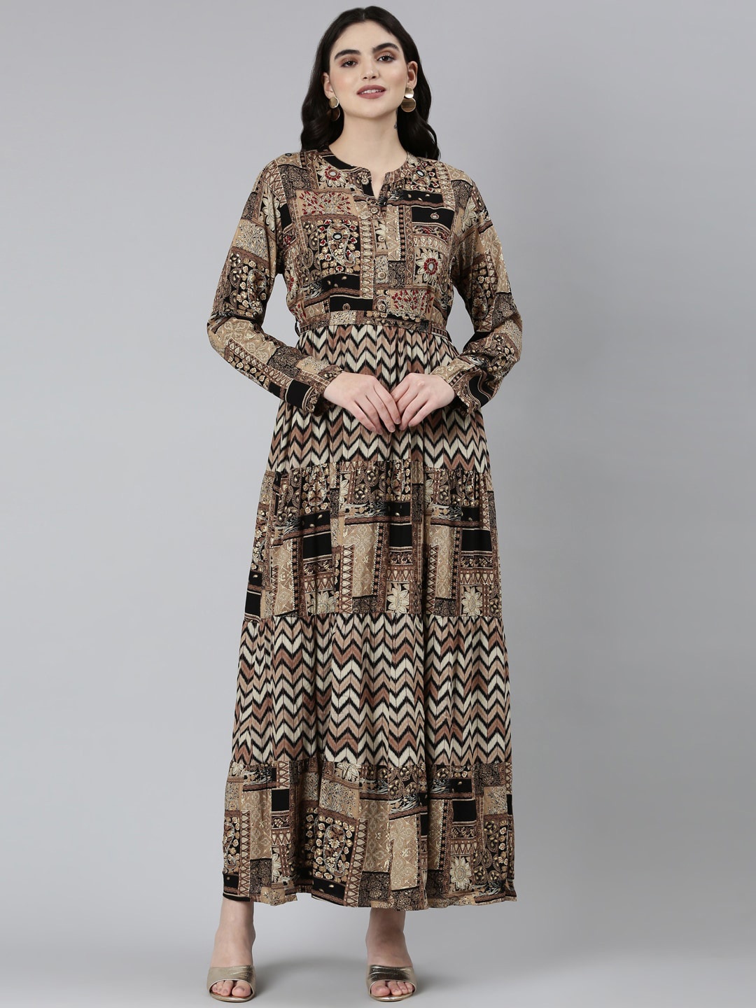 

Neerus Ethnic Motif Printed Mandarin Collar Maxi Ethnic Dress, Black