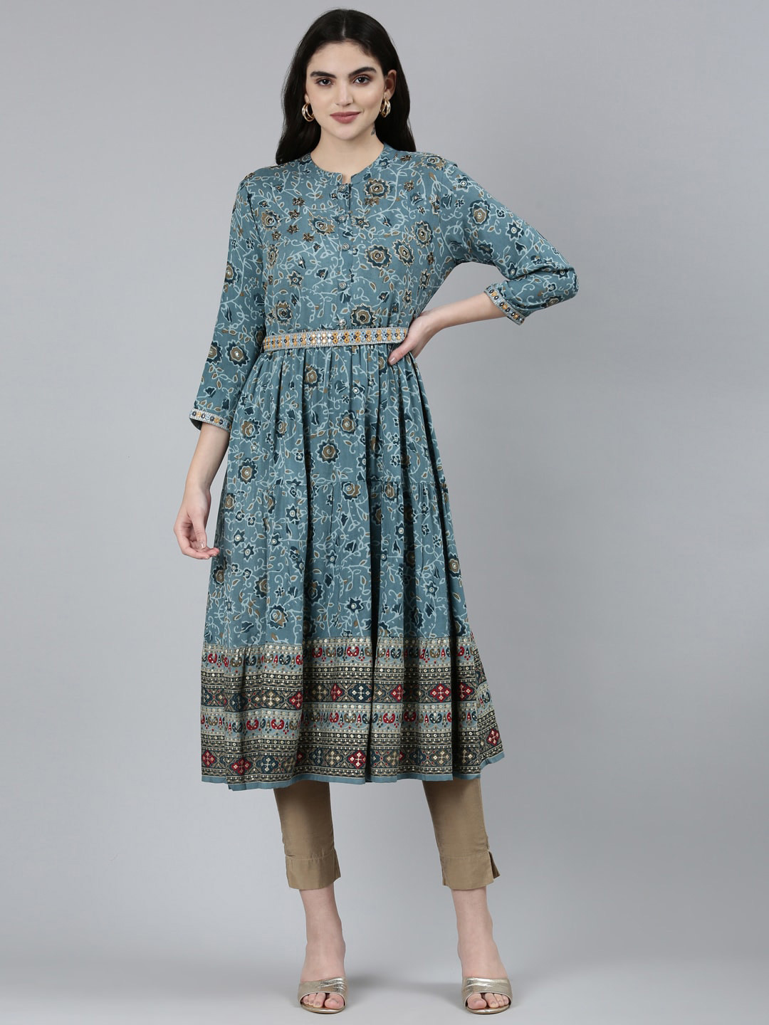 

Neerus Floral Printed Mandarin Collar Sequined Anarkali Kurta, Blue