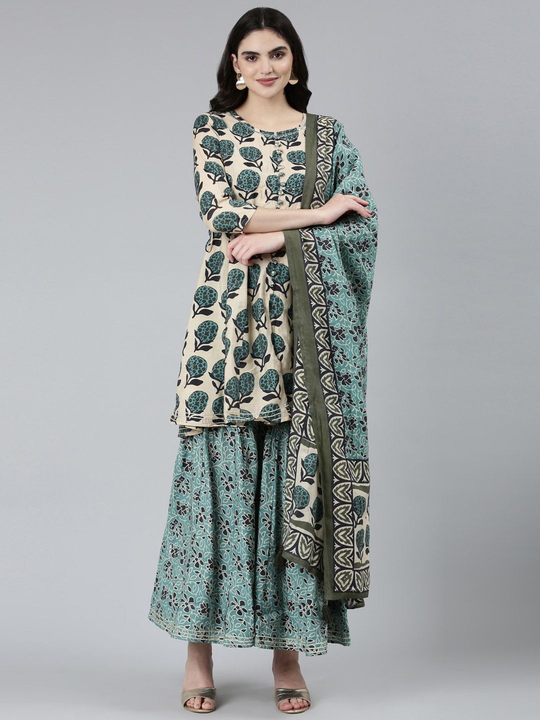 

Neerus Floral Printed Regular Sequinned Raw Silk Kurti with Sharara & With Dupatta, Green