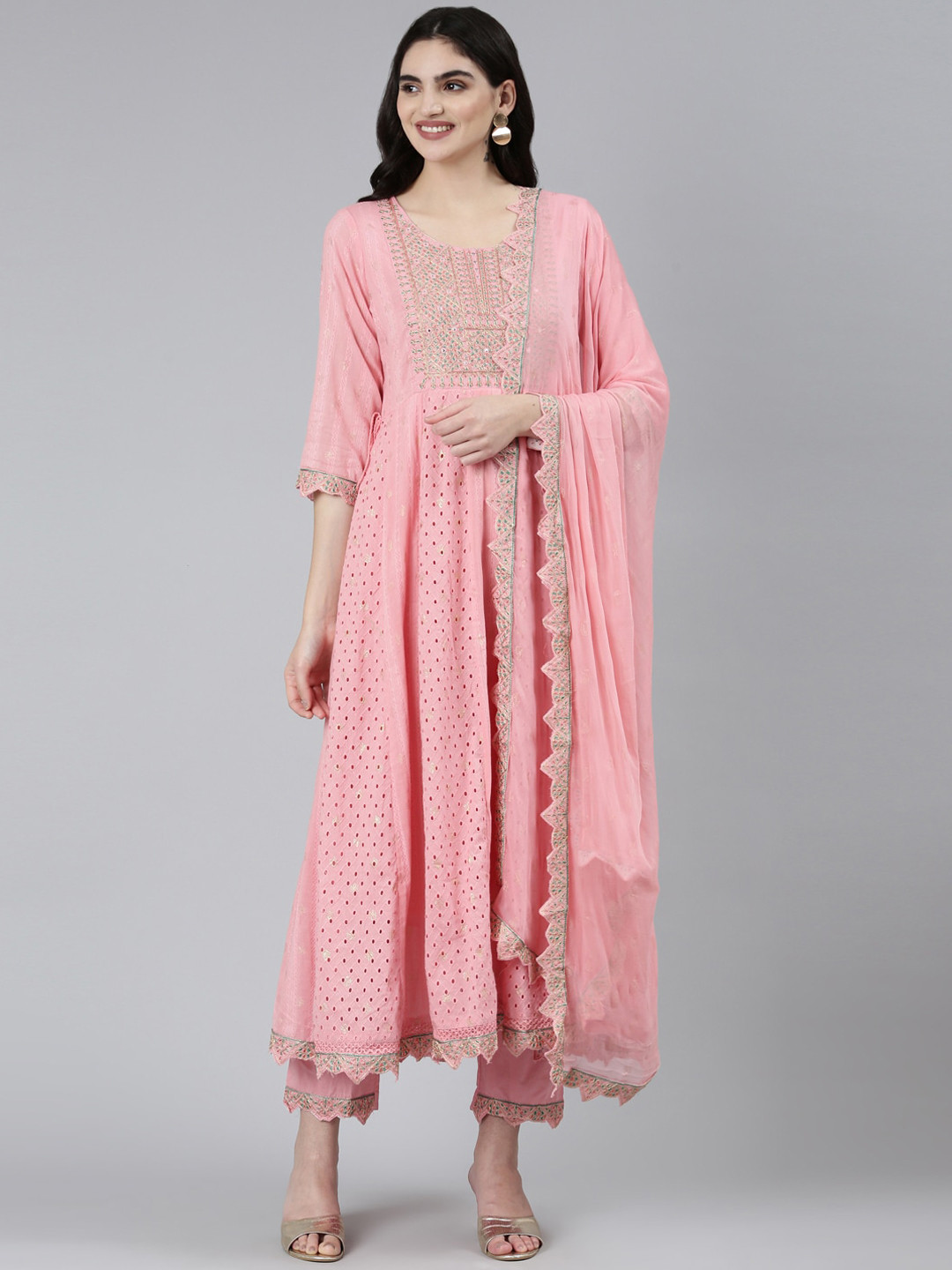 

Neerus Ethnic Motifs Embroidered Mirror Work Pure Cotton Kurta with Trousers & Dupatta, Pink