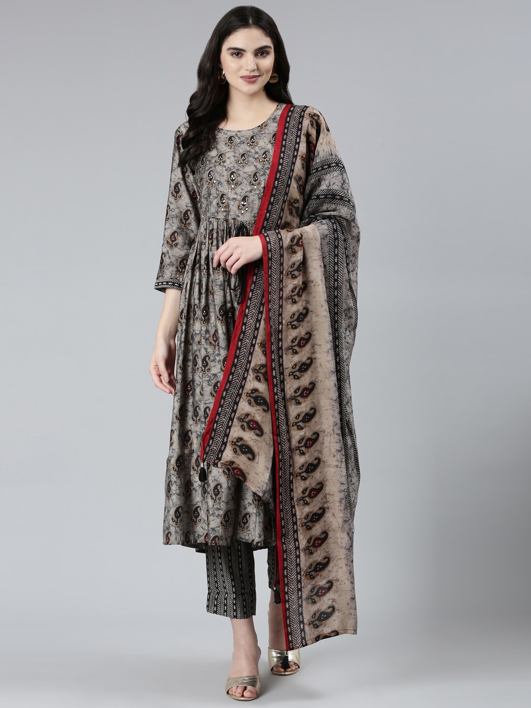 

Neerus Paisley Printed Pleated Kurta with Trousers & Dupatta, Grey