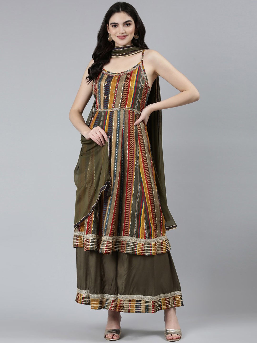 

Neerus Women Ethnic Motifs Printed Regular Thread Work Kurta With Palazzos & Dupatta, Olive