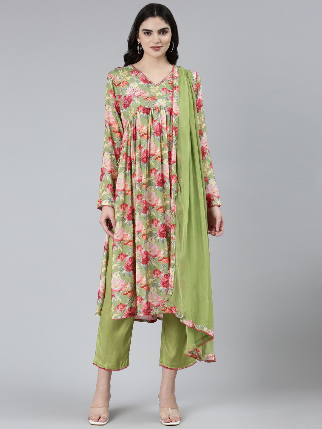 

Neerus Floral Printed Empire Kurta With Trousers & Dupatta, Green