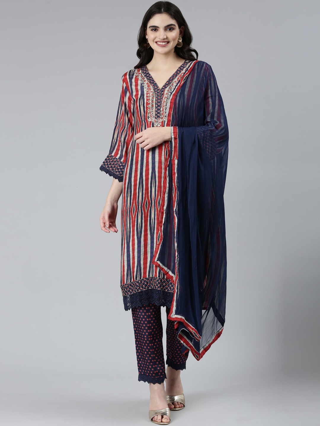 

Neerus Striped Regular V-Neck Thread Work Kurta with Trousers & Dupatta, Blue