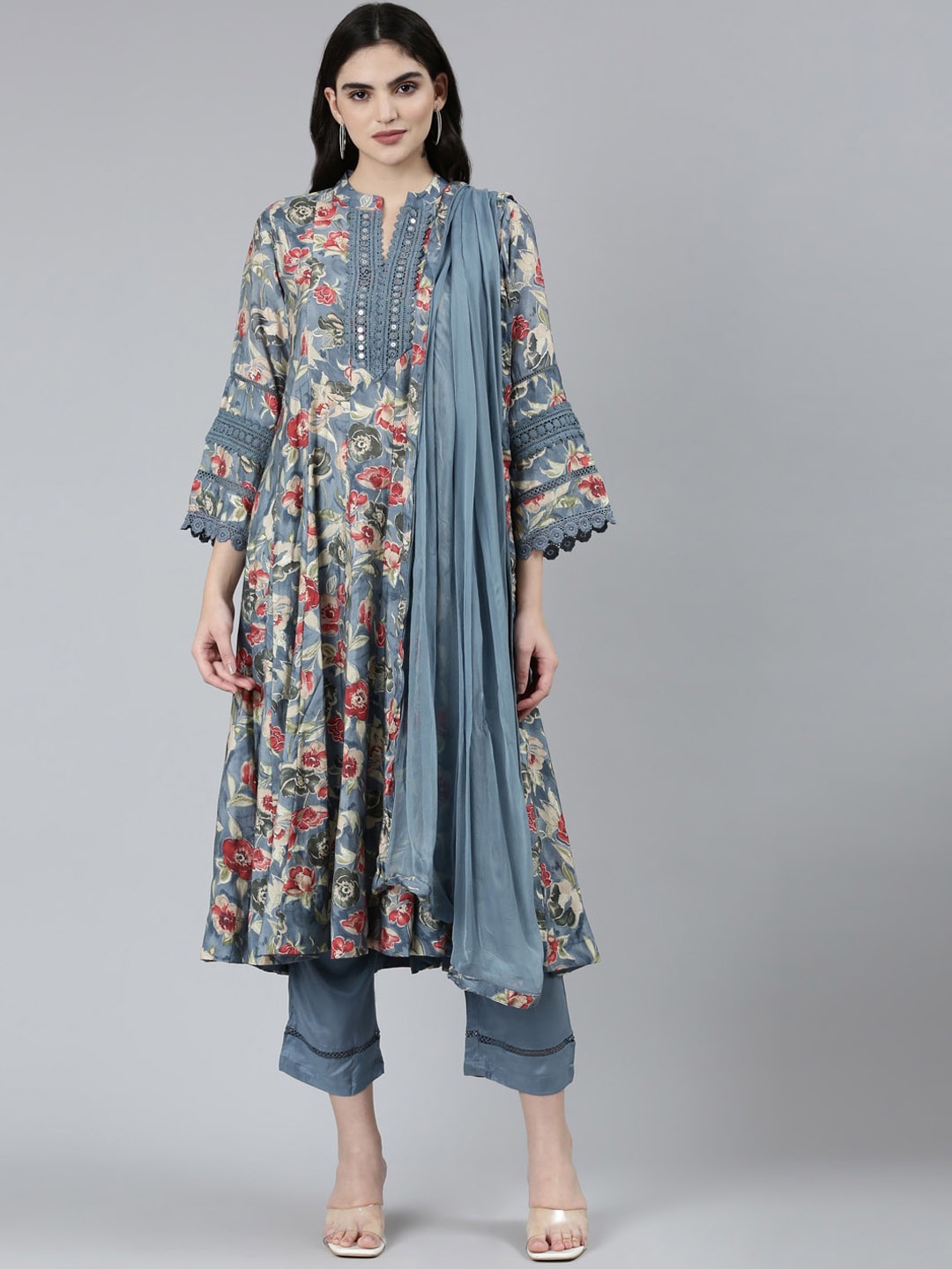 Neerus Floral Printed Mandarin Collar Anarkali Kurta with Trousers & Dupatta, Grey