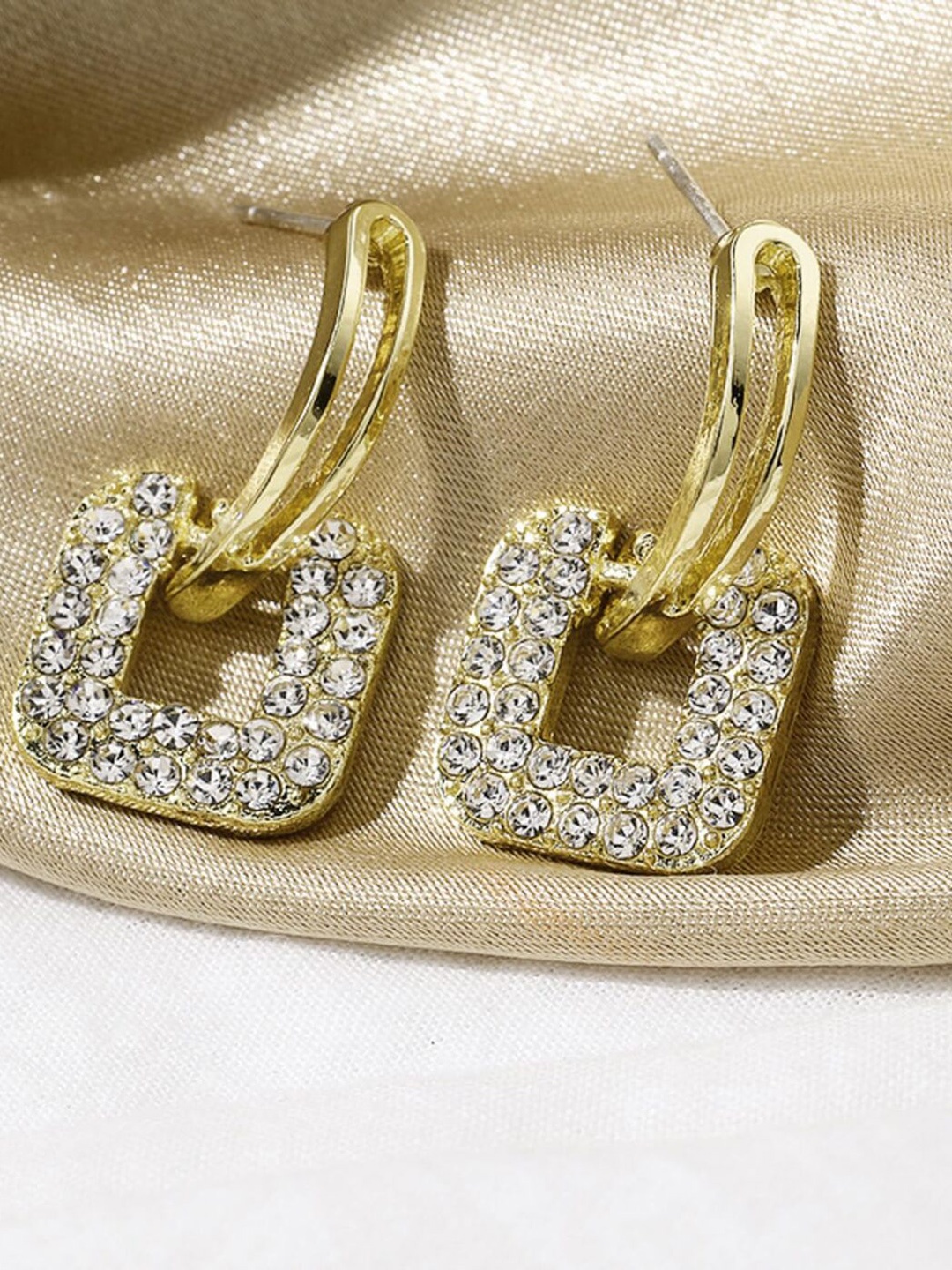 

ANNA CREATIONS Gold-Plated Stone-Studded Contemporary Drop Earrings