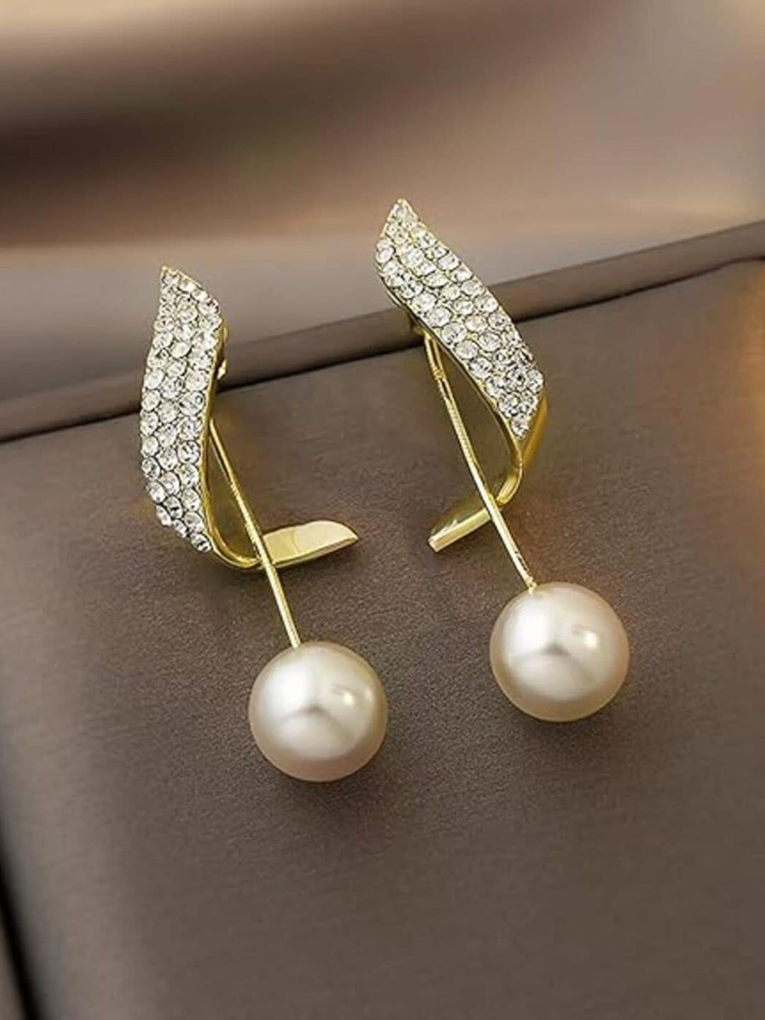 

ANNA CREATIONS Gold-Plated Pearl & Stone-Studded Contemporary Drop Earrings