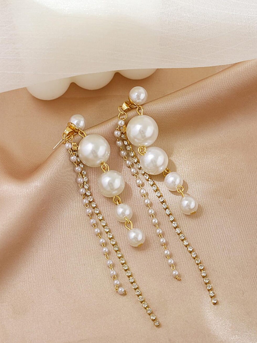 

ANNA CREATIONS Gold-Plated Pearl Beaded Contemporary Drop Earrings