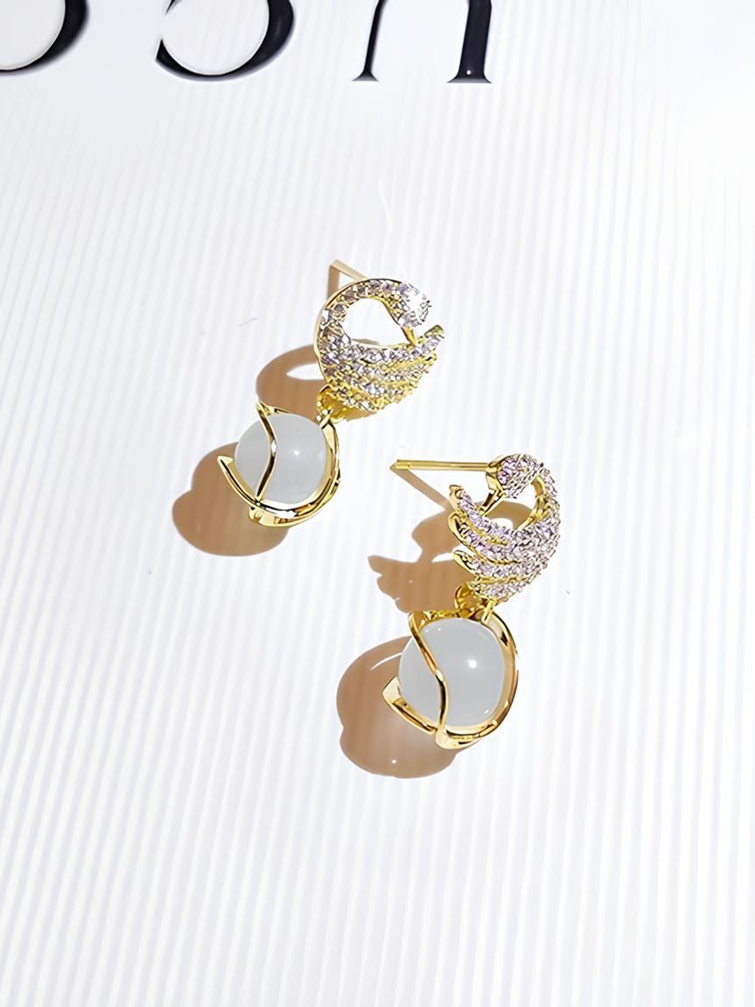 

ANNA CREATIONS Gold-Plated Stone-Studded & Pearl Beaded Contemporary Drop Earrings