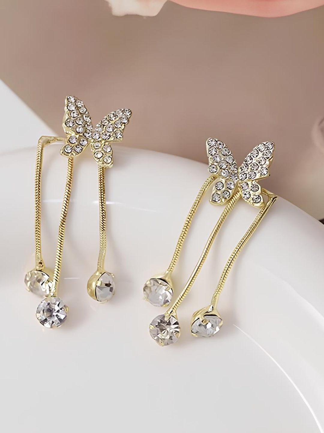 

ANNA CREATIONS Gold-Plated Stone-Studded Butterfly Shaped Drop Earrings