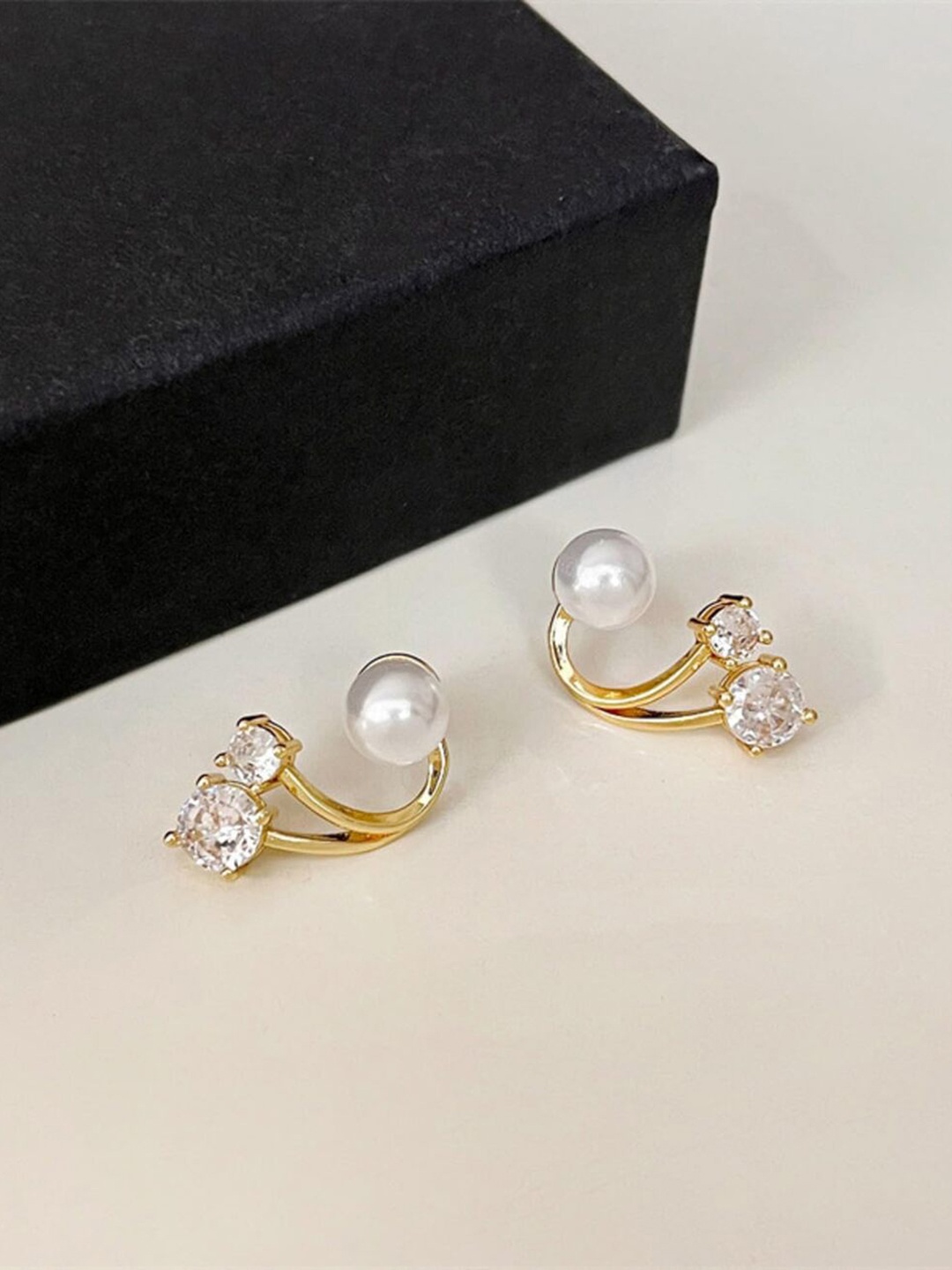 

ANNA CREATIONS Gold-Plated Pearl & Stone-Studded Contemporary Stud Earrings